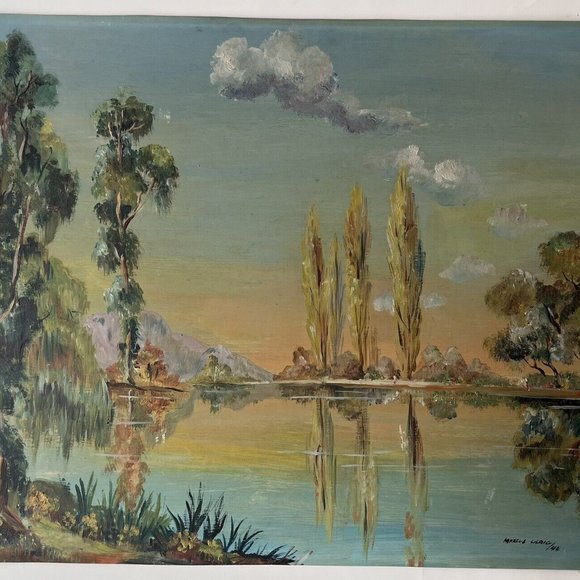 Vintage Original Oil painting Landscape Mountain Lake Trees Aqua Teal Blue Green - Picture 1 of 6